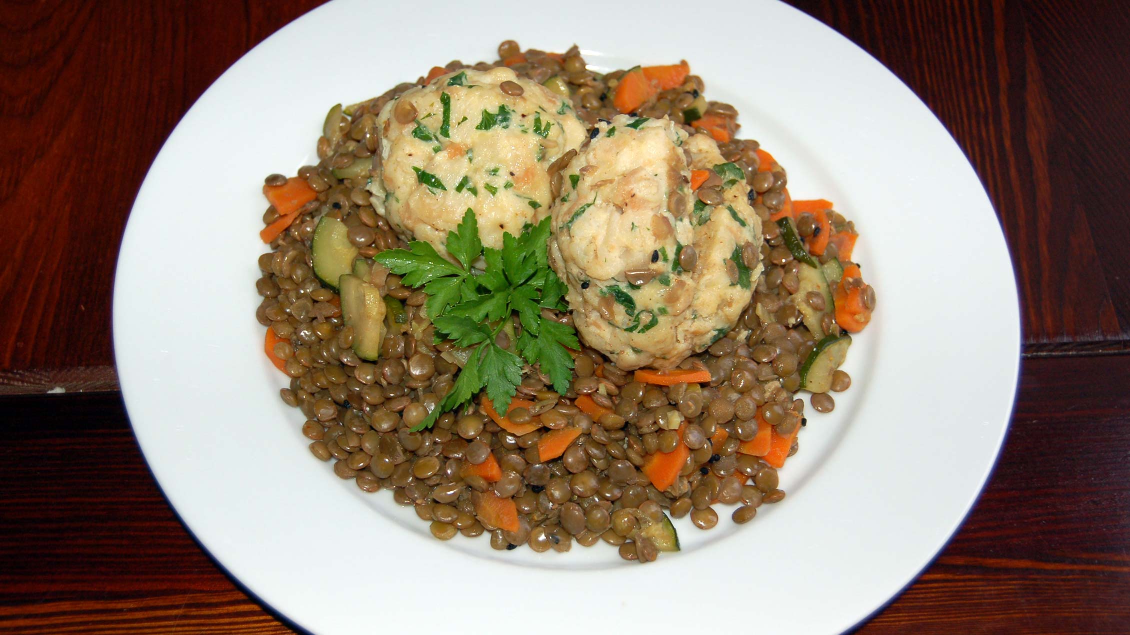 Excellent food in the Oberdrautal Outdoor Park: dumplings with lentils.